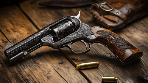 Engraved revolver with wooden grip rests on worn wood surface