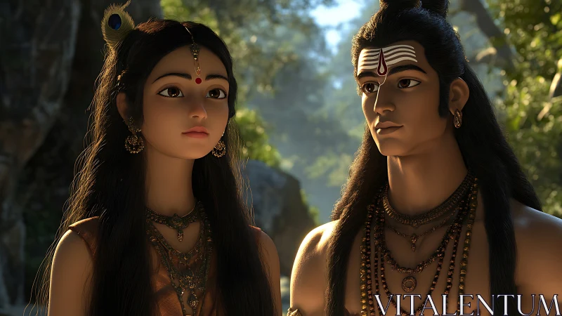 Divine couple stands in tranquil forest light, sharing silent resolve