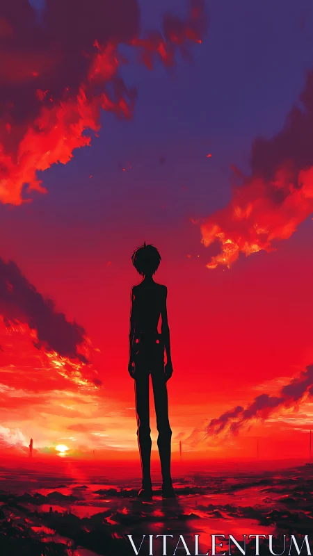 Silhouetted figure against hyper-saturated crimson twilight sky.