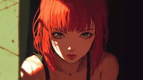 Red-haired girl holds intense gaze in dramatic light.