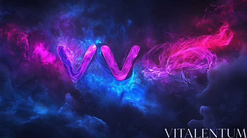 Neon letterforms are rendered within turbulent color clouds
