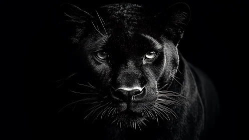 High-contrast black and white portrait of cougar with piercing luminous eyes