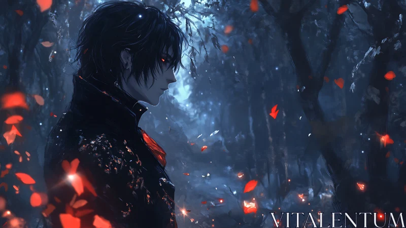 Brooding dusk wanderer among ember-bright forest ghosts.