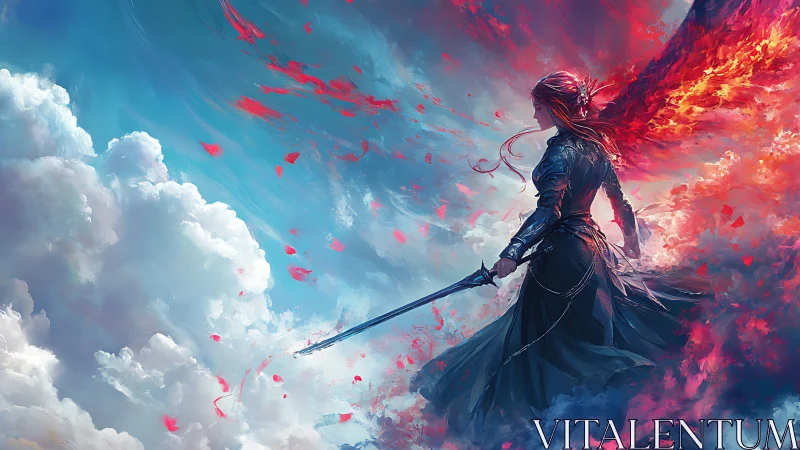 Winged swordbearer stands amid contrasting sky and clouds