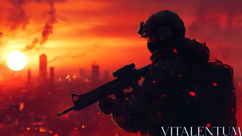 Armed soldier silhouette over burning city at sunset.
