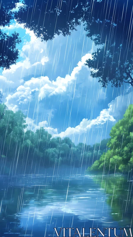 Rain falls over forest lake under bright broken clouds