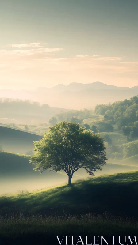 Solitary hilltree sipping dawn fog across rolling valleys.