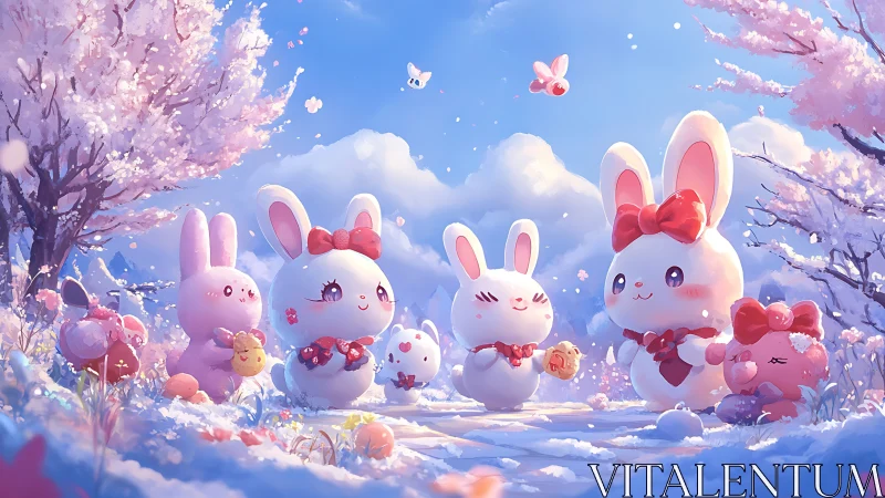 Playful bunny friends sharing sweets in a pastel snow garden.