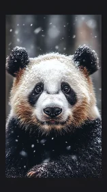 Photorealistic close-up of giant panda in falling winter snow