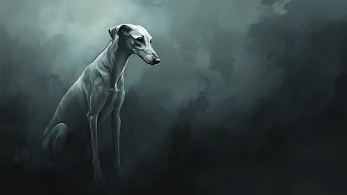 Greyhound rendered in high contrast lighting against foggy void