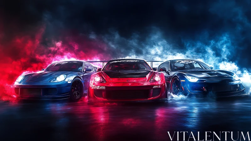 Tri-color drift cars under cinematic neon smoke lighting.
