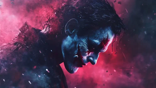 Profile of sinister clown figure in red and blue haze.