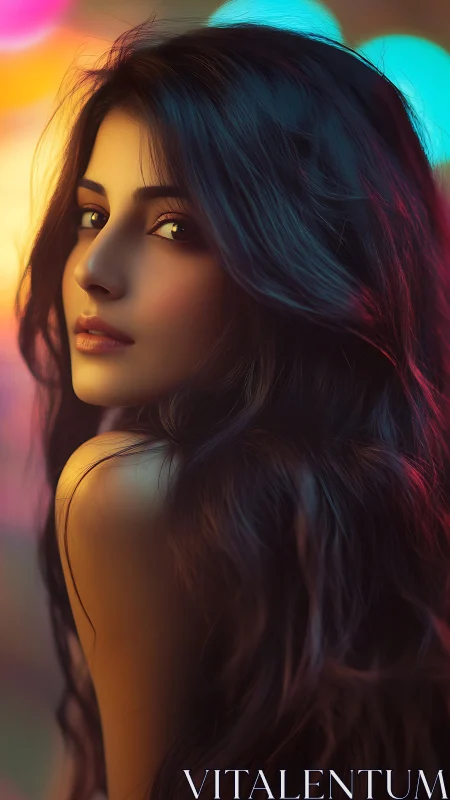 Digital portrait of woman with long hair and neon bokeh.