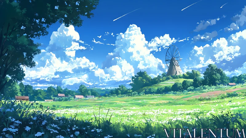 Windmill stands over bright rural meadow under vivid sky