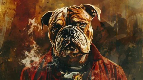 Bulldog portrait in red jacket against smoky backdrop.