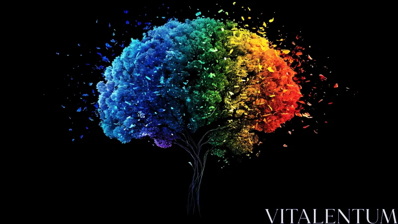 Digital rainbow tree exploding into vibrant color shards.