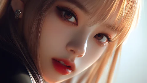 Hyperreal close-up portrait with luminous peach tones.