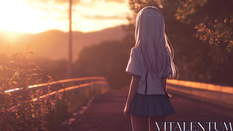 Girl stands on quiet path at warm orange sunset light.