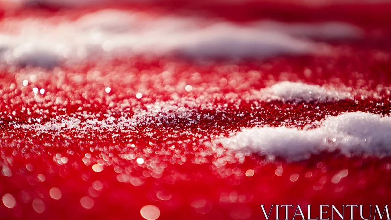Red surface macro with scattered snow and ice crystals.
