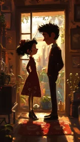 Silhouetted figures framed by golden hour backlighting through ornate doorway