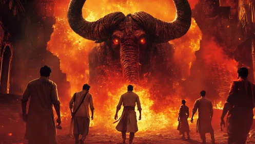 Firelit warriors confront a colossal horned inferno beast