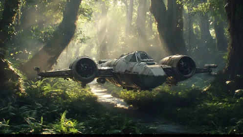 Spacecraft positioned within dense forest with atmospheric light