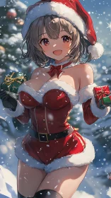 Anime girl in festive Santa outfit holds snowy Christmas gifts.