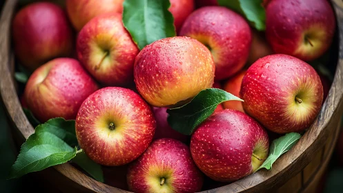 Fresh orchard jewels lounge in a rain-kissed wooden basket