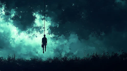 Silhouetted figure suspended on rope above dark terrain.