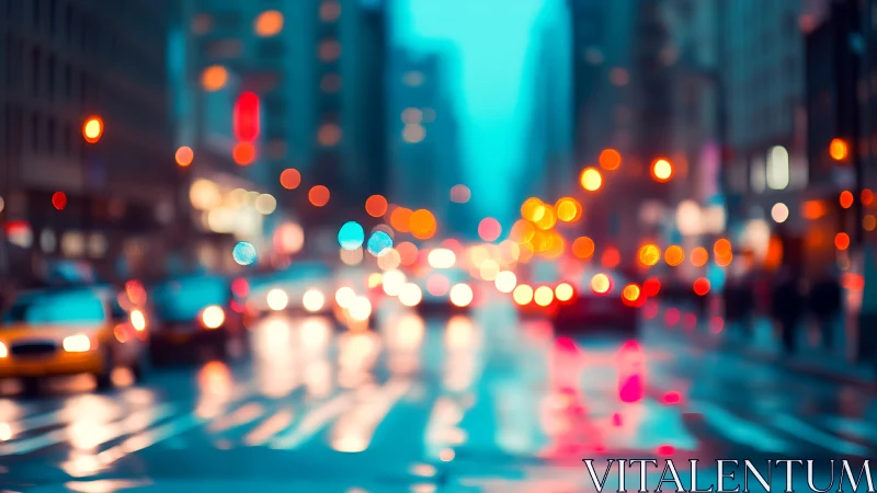 Defocused urban street shows headlights and wet reflections