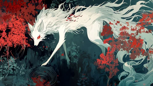 White fox spirit moves above dark water and red foliage