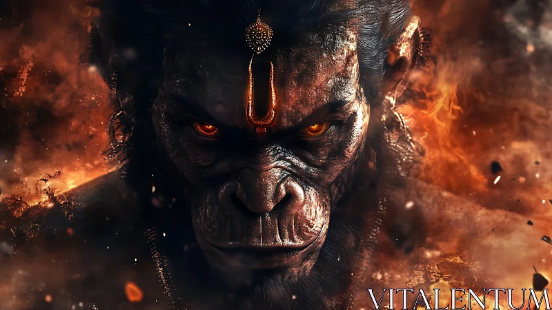 Mythic simian warrior portrait amid intense fiery debris.