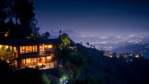 Hillside residence overlooking illuminated urban valley at night.