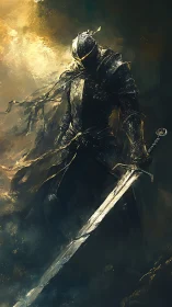 Armored figure holds large sword in diffuse atmospheric light