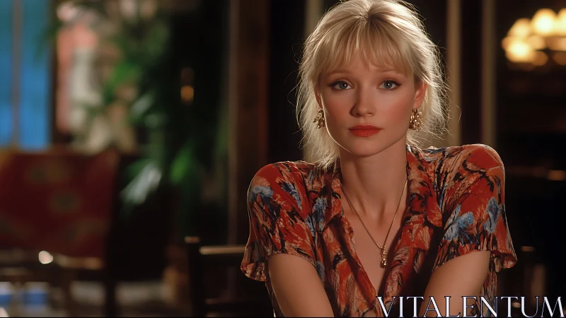 Blonde woman in patterned blouse under warm cinematic light.