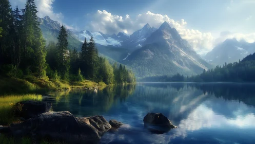 Mountain lake mirrors luminous peaks and evergreen forest.