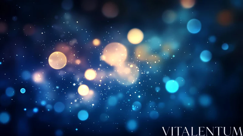 Abstract glowing bokeh lights on a dark blue dreamy background.