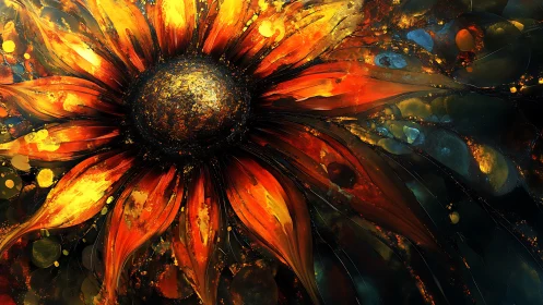 Solar flare sunflower exploding through molten midnight sky.