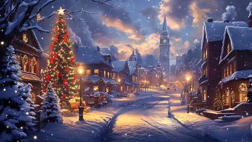Snow covered town street shows illuminated seasonal lighting