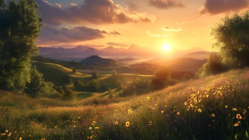 Golden hills at sunset wrapped in wildflower daydreams.