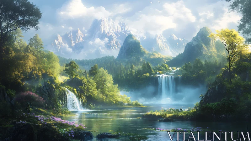 Mountain landscape shows waterfalls, forest, river, and mist