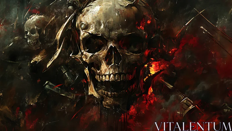 Skull engulfed in infernal flames amid swirling darkness.