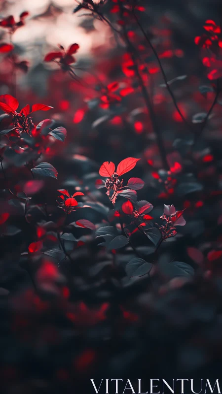 Selective focus crimson foliage with teal shadows at dusk