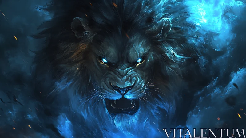 Roaring spectral lion emerges from swirling blue firestorm