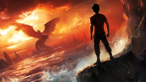 Stormlit boy confronts ember-winged sea titan at dusk.
