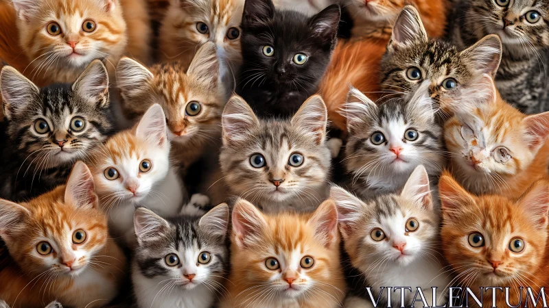 Group of kittens with varied coat colors and wide-eyed expressions.