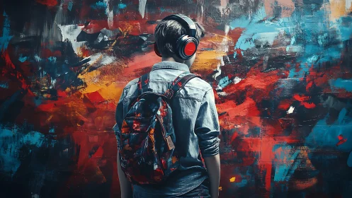 Headphoned dreamer decoding wild graffiti thunderstorm.