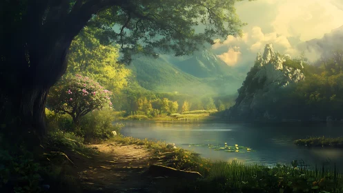 Sunlit alpine lake with flowering tree and distant rock spires