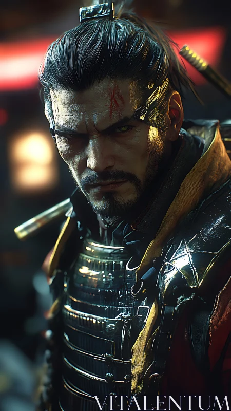 Steely eyed cyber samurai stands strong in neon city light