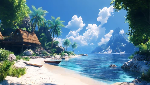 Tropical lagoon with thatched hut and mountains